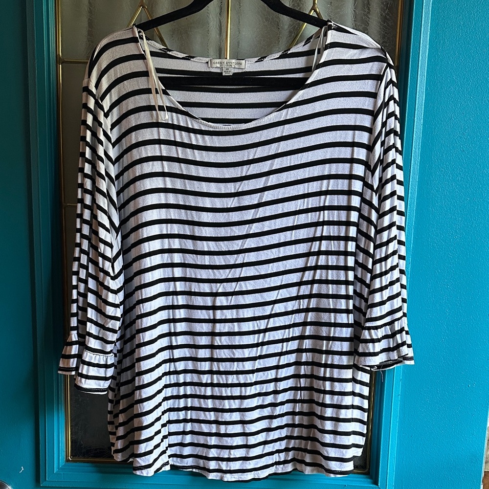Green Envelope Black and White Striped Long Sleeve Top